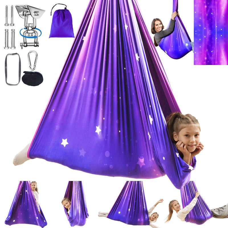 WUBOTIYU Sensory Swing for Kids Indoor Outdoor Double Layer Therapy Cuddle Hammock Chair with 360 Swivel Hanger Kit Adjustable Swing for Child and Adult with Aspergers Autism ADHD Galaxy Purple - Image 2