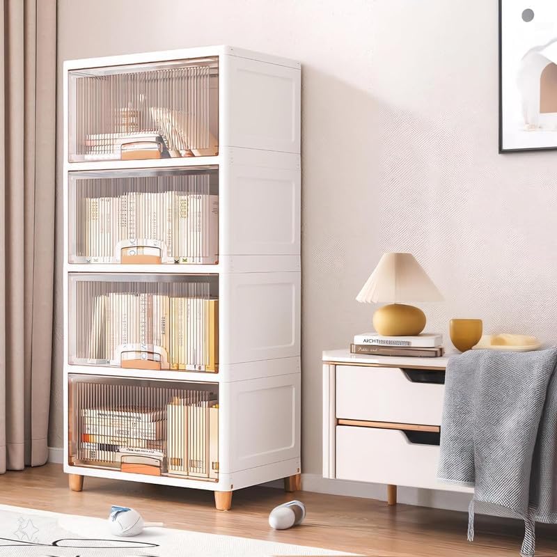 EXVITO Plastic Cupboard for Storage - Collapsible Wardrobes for Clothes | Almirah for Clothes | Folding Storage Box | Stackable Storage Bins with Door Space Saving Closet (ICE White, 4 Tier) - Image 1