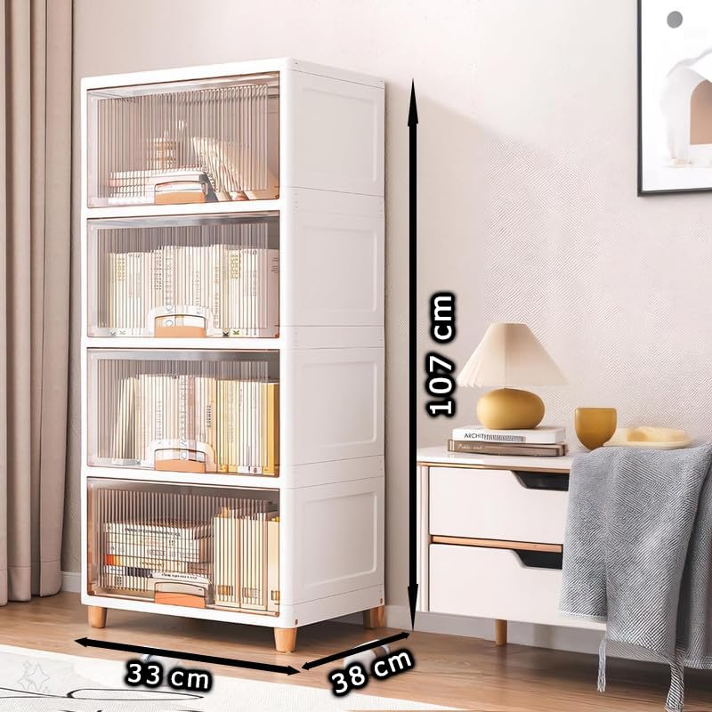 EXVITO Plastic Cupboard for Storage - Collapsible Wardrobes for Clothes | Almirah for Clothes | Folding Storage Box | Stackable Storage Bins with Door Space Saving Closet (ICE White, 4 Tier) - Image 2