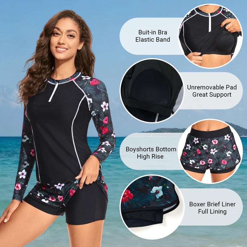 Daci Black Flower Long Sleeve Rash Guard for Women - 2 Piece Swimsuit with Shorts Zip Up Swim Shirt with Built-in Bra XL - Image 3