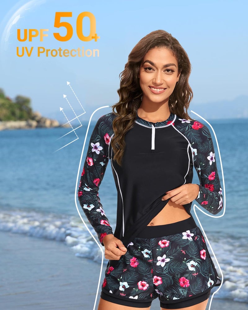 Daci Black Flower Long Sleeve Rash Guard for Women - 2 Piece Swimsuit with Shorts Zip Up Swim Shirt with Built-in Bra XL - Image 2