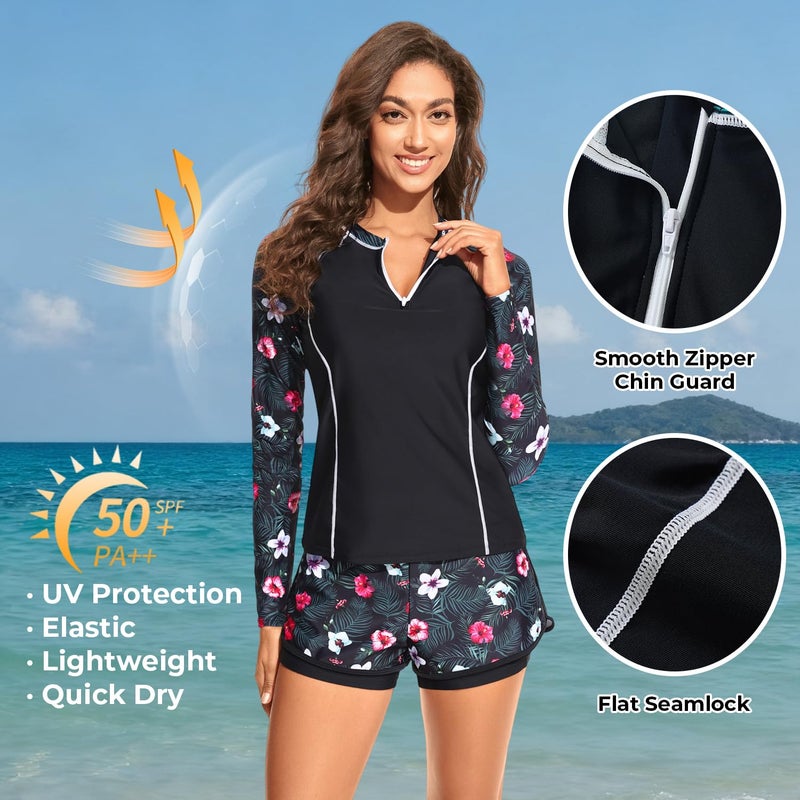 Daci Black Flower Long Sleeve Rash Guard for Women - 2 Piece Swimsuit with Shorts Zip Up Swim Shirt with Built-in Bra XL - Image 4