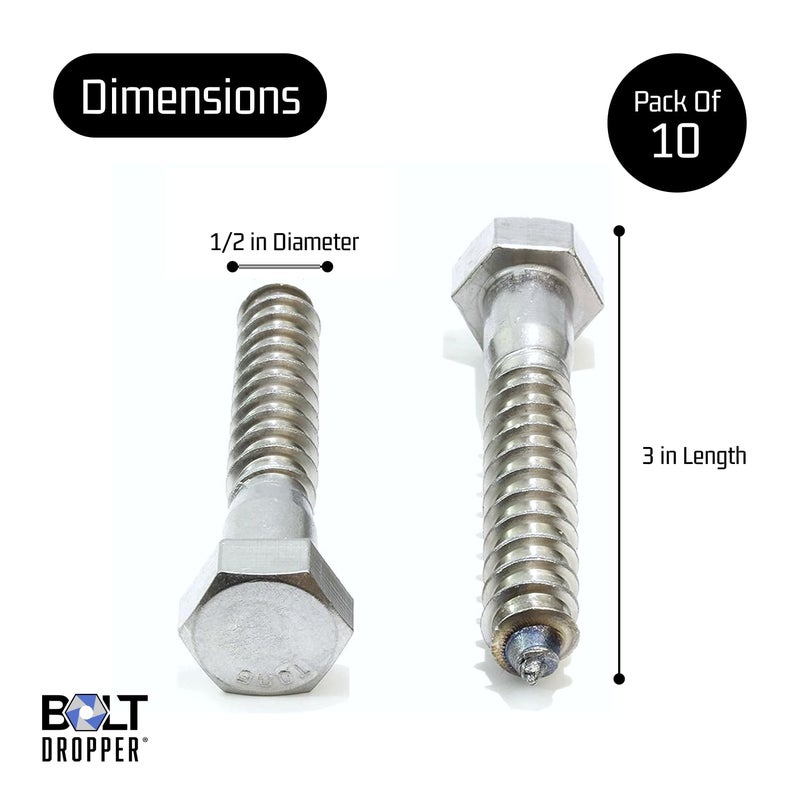 Bolt Dropper 1/2" x 3" Stainless Hex Head Lag Bolt Screws, (10 Pack), 304 (18-8) Stainless Steel Coach Bolts/Large Screws for Wood with Plain Finish by - Image 3
