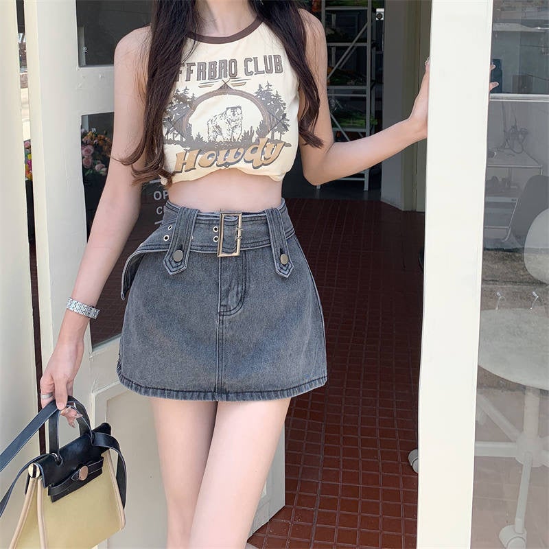 American Style Retro Solid Color Denim Skirt Women'S Summer High Waist Spice Girl Hip Slim A- Line Skirt Skirt - Image 4