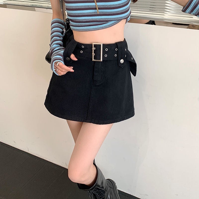 American Style Retro Solid Color Denim Skirt Women'S Summer High Waist Spice Girl Hip Slim A- Line Skirt Skirt - Image 3