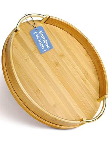 JUPELI 14 Round Bamboo Serving Tray with Handles Decorative Tray Breakfast Tray Coffee Table Tray Ottoman Tray Kitchen Platter for Drinks Snacks Vanity Home Decor Gifts - Image 1