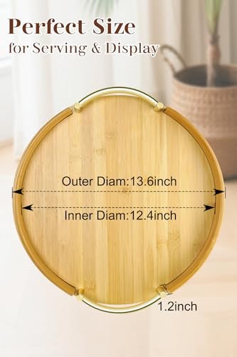 JUPELI 14 Round Bamboo Serving Tray with Handles Decorative Tray Breakfast Tray Coffee Table Tray Ottoman Tray Kitchen Platter for Drinks Snacks Vanity Home Decor Gifts - Image 3