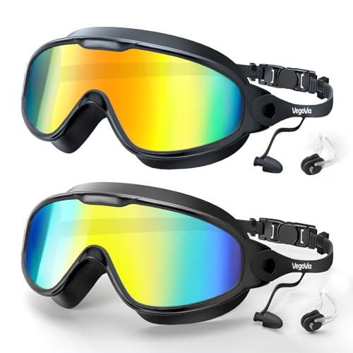 VegoVia 2 Pack Goggles Swimming Adult Men Women, Anti-Fog Pool Water Swim Goggles 180° Wide View UV Protection No Leaking Silicone Swim Glasses Attached Earplugs for Youth Beach Open Water Beach - Image 1
