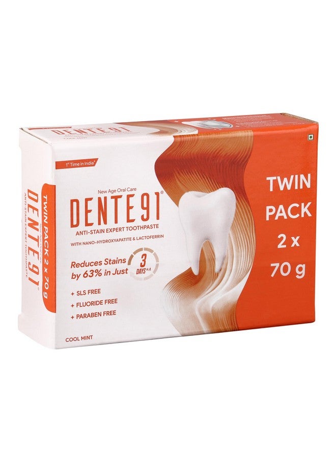 DENTE91 Anti-Stain Expert Toothpaste For Stain Removal & Teeth Whitening | Protects Against Dental Caries & Strengthens Enamel | Reduces 63% Stains In Just 3 Days | 140G (2 X 70G)  - Image 1