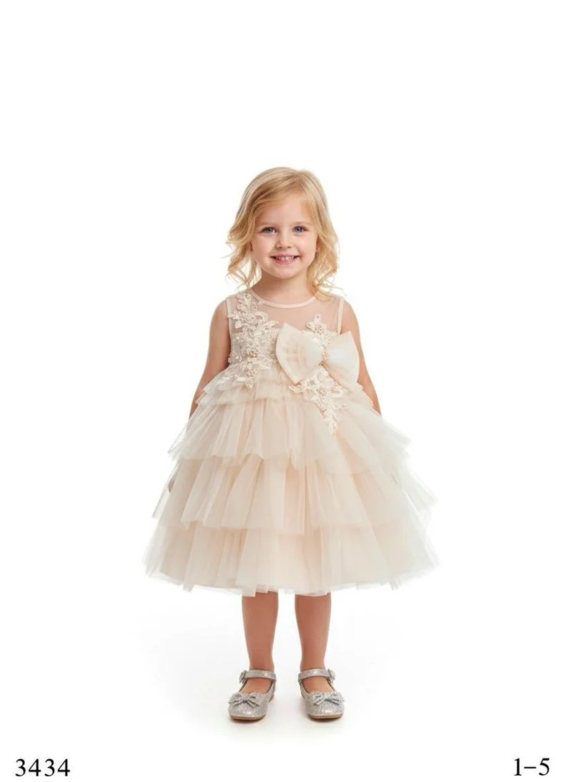فيا بامبينو Blush Embellished Tulle Bow Salmon Dress 3434