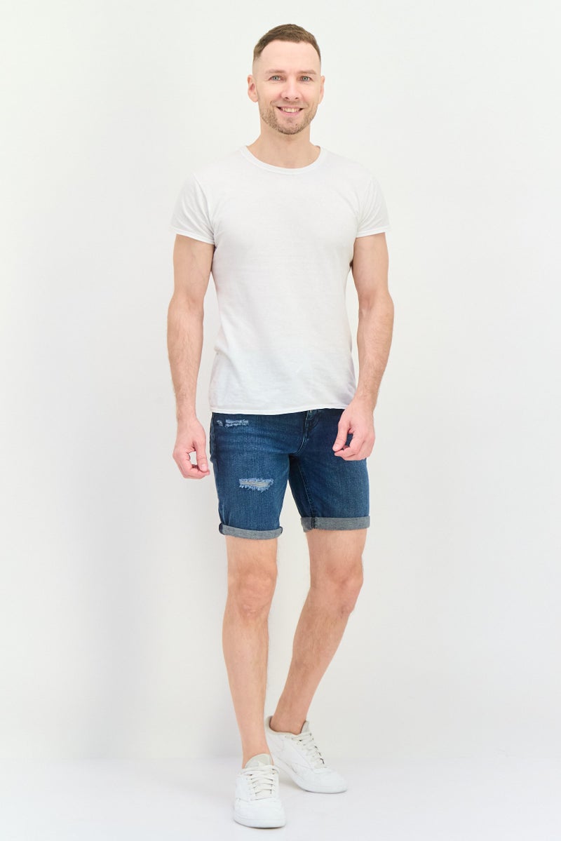 Pull & Bear Men Skinny Rip Denim Shorts, Navy  - Image 4