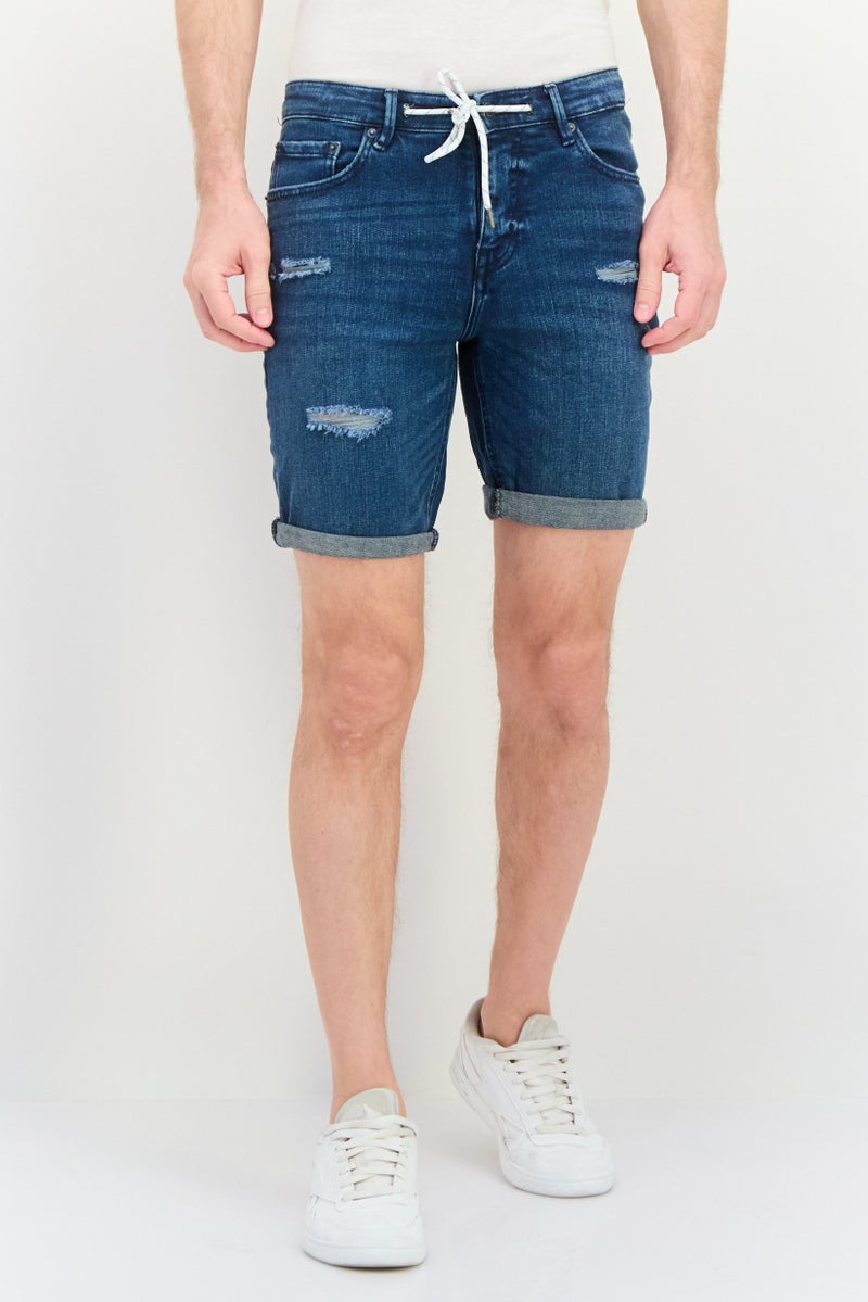 Pull & Bear Men Skinny Rip Denim Shorts, Navy  - Image 1
