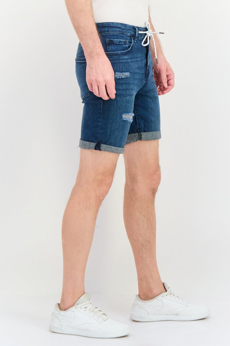 Pull & Bear Men Skinny Rip Denim Shorts, Navy  - Image 2