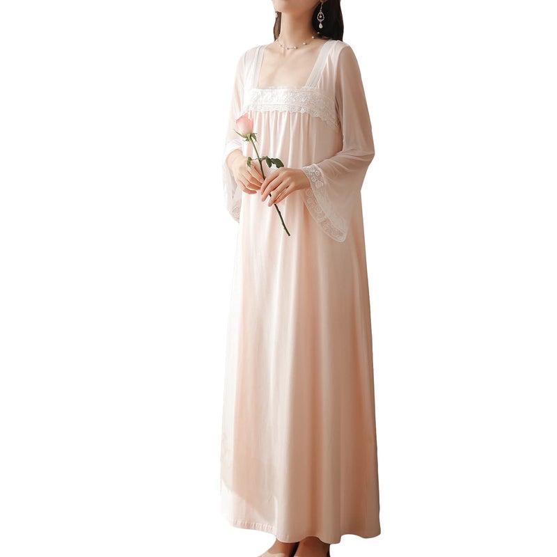 Homgro Women's Cotton Nightgown Long Sleeve Nightgowns Victorian Vintage Autumn Night Shirt Light Pink Large - Image 1