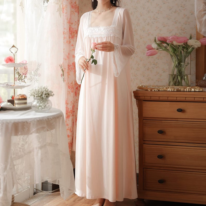 Homgro Women's Cotton Nightgown Long Sleeve Nightgowns Victorian Vintage Autumn Night Shirt Light Pink Large - Image 2