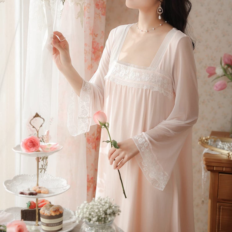 Homgro Women's Cotton Nightgown Long Sleeve Nightgowns Victorian Vintage Autumn Night Shirt Light Pink Large - Image 4