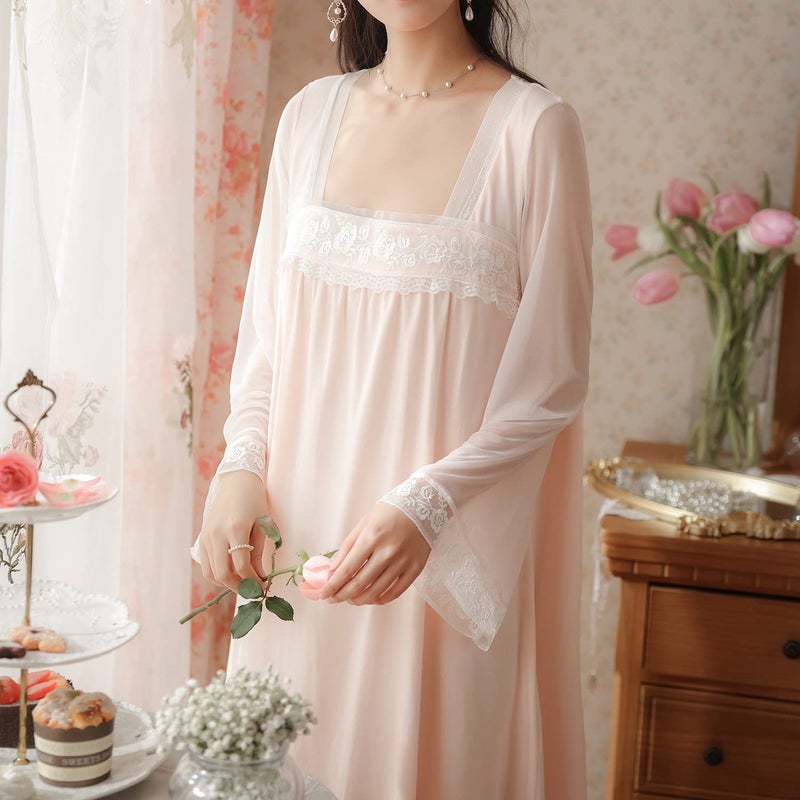 Homgro Women's Cotton Nightgown Long Sleeve Nightgowns Victorian Vintage Autumn Night Shirt Light Pink Large - Image 3