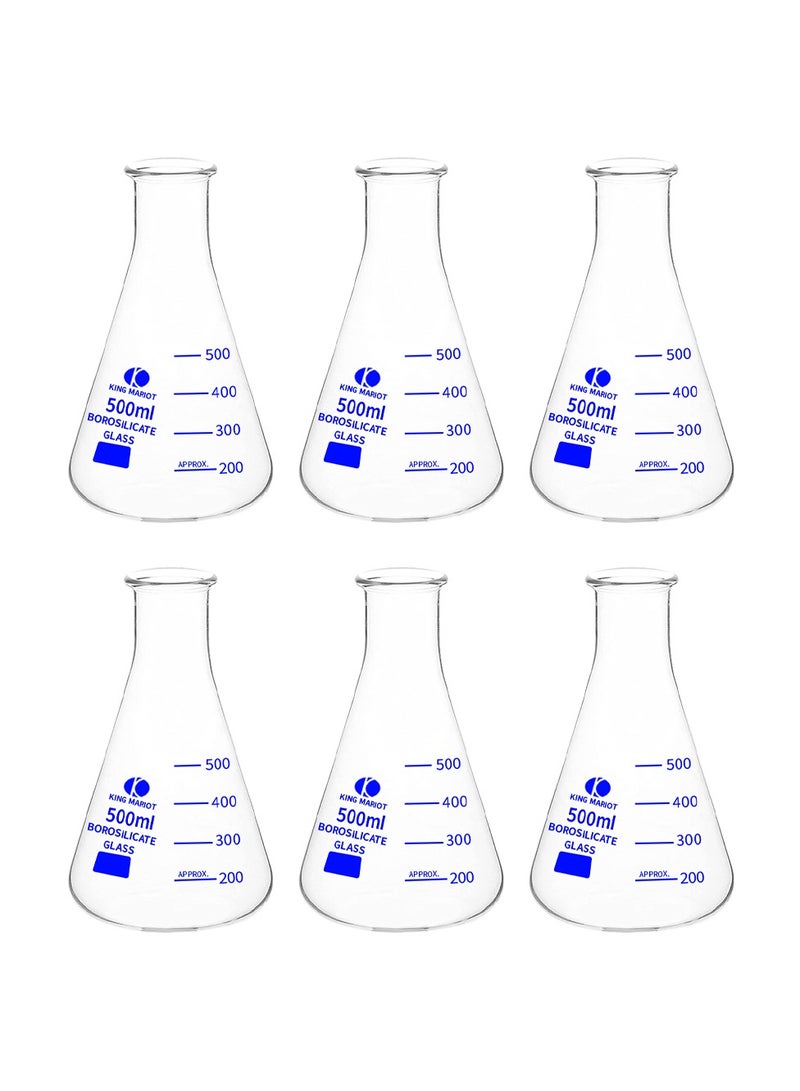 King Mariot Pack of 6 King Mariot 500ml Erlenmeyer Conical Flask | Blue Graduated Borosilicate 3.3 Glass | Flame-Resistant | Heavy Rim | ISO/DIN Standard | Ideal for Chemistry Experiments - Image 1