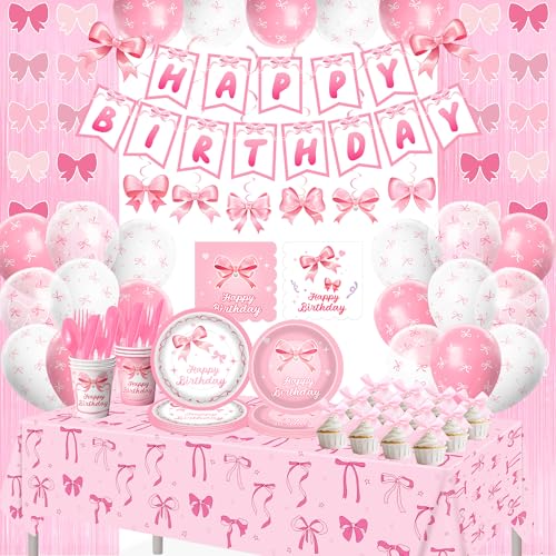 DMIGHT 206PCS Pink Bow Birthday Party Supplies Serve 24 Coquette Birthday Decorations Includes Bow Banner Garland Hanging Swirls BackdropsTablecloth Plates for Girls Bachelorette Party Decor - Image 1