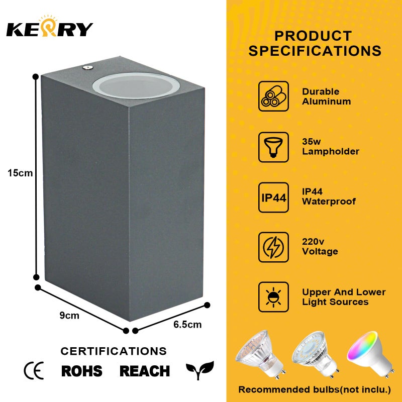 Kerry 2 Pack Outdoor Wall Lights, Outside Wall Light Mains Powered, Up Down External Lighting, IP44 Waterproof Anthracite Modern Rectangle Lamp, Gu10 Wall Mounted Garden Lights for Front Door(No Bulb) - Image 2