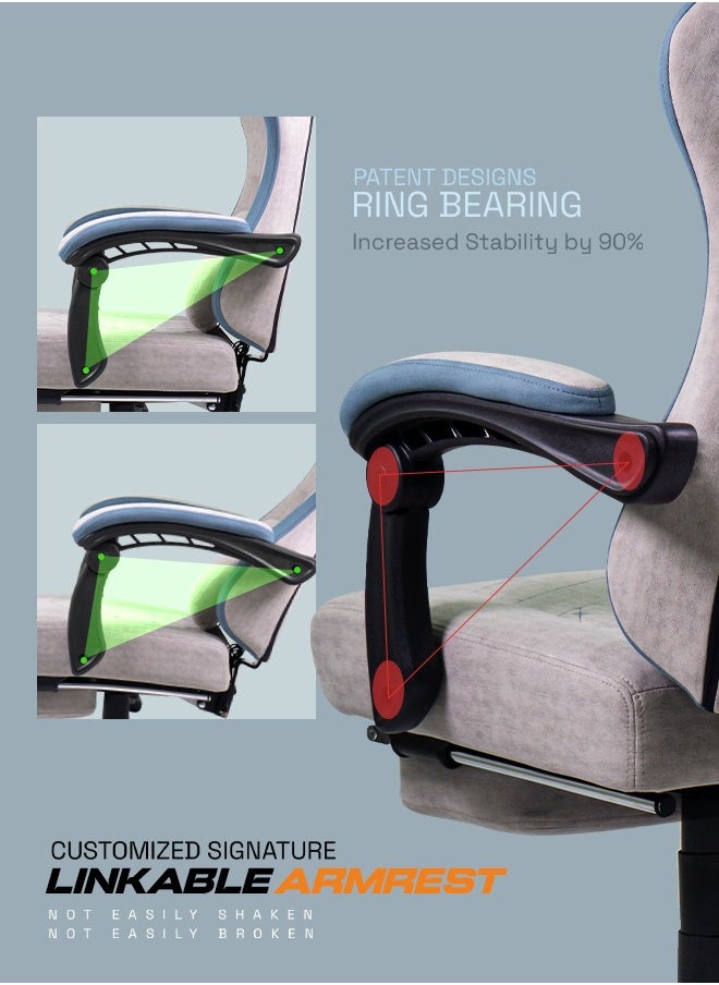 Throne Ergonomic Gaming Chair, Video Game Chair with Linkage Armrest, Footrest & Adjustable Seat Computer Chair with Fabric, Head & Massager Lumbar Pillow Home & Office Chair with Recline Grey