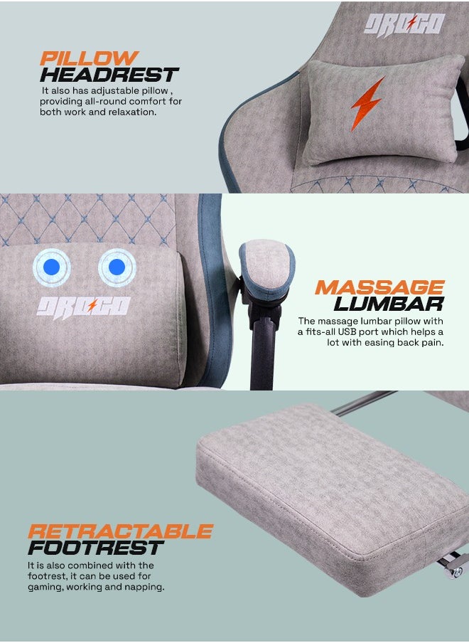 Throne Ergonomic Gaming Chair, Video Game Chair with Linkage Armrest, Footrest & Adjustable Seat Computer Chair with Fabric, Head & Massager Lumbar Pillow Home & Office Chair with Recline Grey