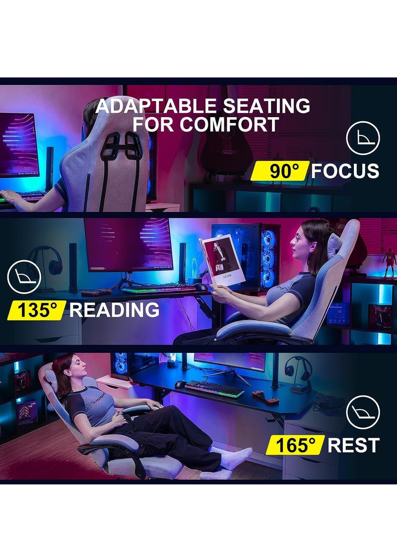 Throne Ergonomic Gaming Chair, Video Game Chair with Linkage Armrest, Footrest & Adjustable Seat Computer Chair with Fabric, Head & Massager Lumbar Pillow Home & Office Chair with Recline Grey