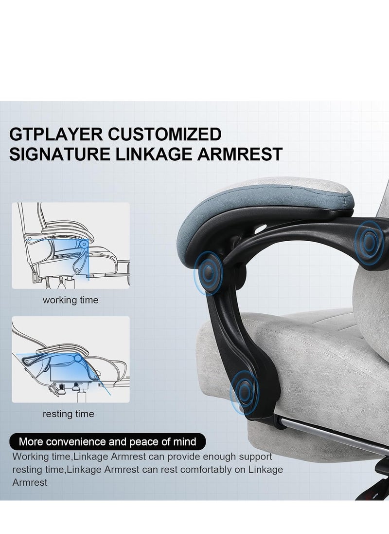 Throne Ergonomic Gaming Chair, Video Game Chair with Linkage Armrest, Footrest & Adjustable Seat Computer Chair with Fabric, Head & Massager Lumbar Pillow Home & Office Chair with Recline Grey