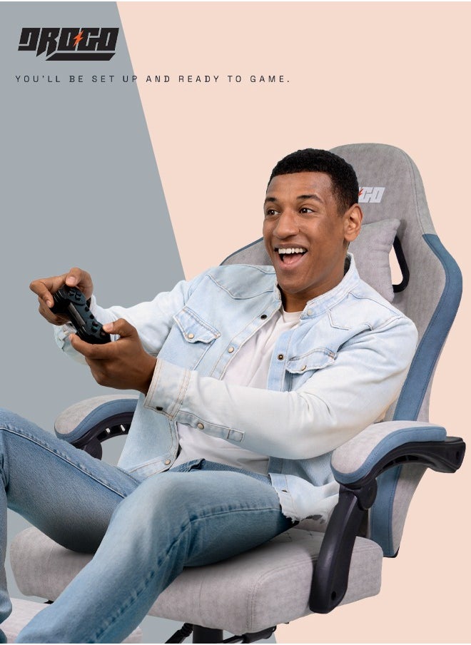 Throne Ergonomic Gaming Chair, Video Game Chair with Linkage Armrest, Footrest & Adjustable Seat Computer Chair with Fabric, Head & Massager Lumbar Pillow Home & Office Chair with Recline Grey