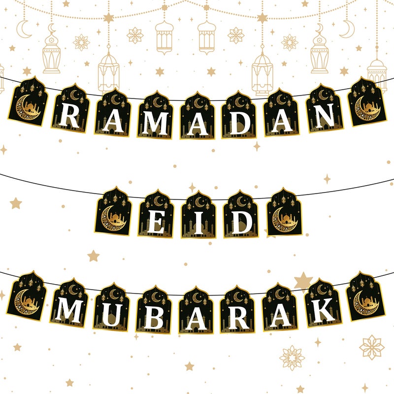 WATINC 2 in 1 Ramadan Banner Eid Mubarak Decoration  Ramadan Kareem Hanging Banners Decor  No DIY Needed Eid Al-Fitr Iftar Party Favor Hang Garland Supplies for Home Tree Fireplace Wall (10 Feet) - Image 1