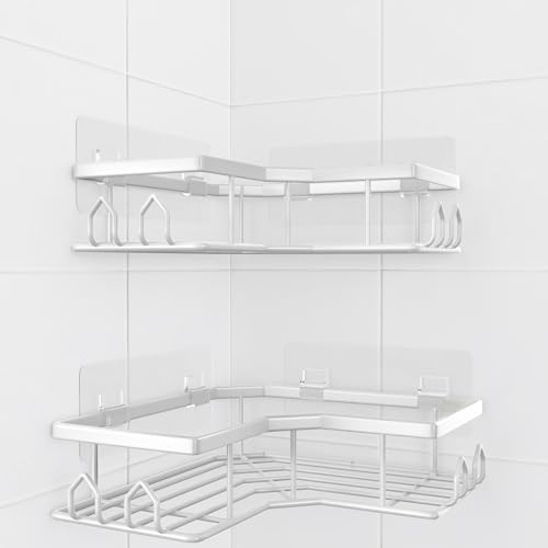 QHMCHLDZ Adhesive Shower Caddy, 2 Pack Corner Bath Organizer, Rustproof Stainless Steel Shower Shelves with Large Capacity, No Drilling Shelves for Bathroom Storage, Home, Kitchen Décor (White). - Image 1