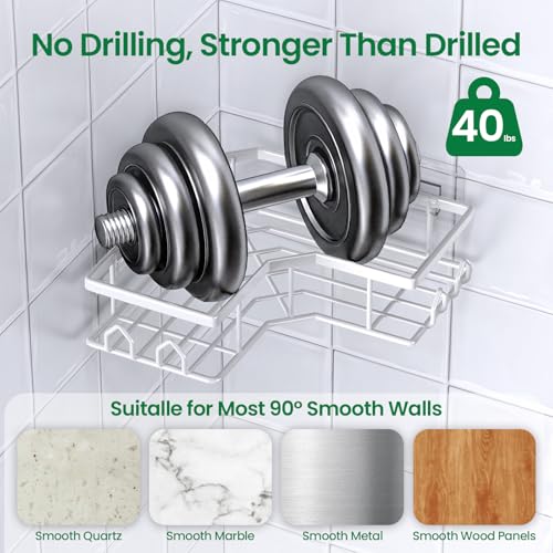 QHMCHLDZ Adhesive Shower Caddy, 2 Pack Corner Bath Organizer, Rustproof Stainless Steel Shower Shelves with Large Capacity, No Drilling Shelves for Bathroom Storage, Home, Kitchen Décor (White). - Image 3