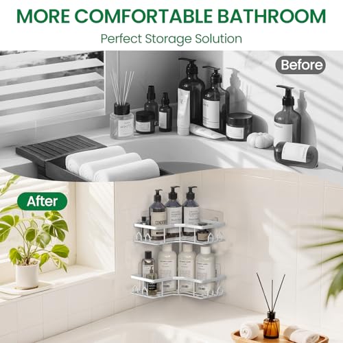 QHMCHLDZ Adhesive Shower Caddy, 2 Pack Corner Bath Organizer, Rustproof Stainless Steel Shower Shelves with Large Capacity, No Drilling Shelves for Bathroom Storage, Home, Kitchen Décor (White). - Image 5