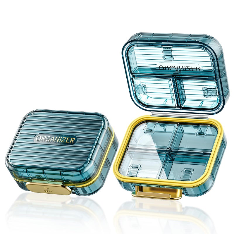 Acedada Small Pill Box, Travel Pill Case, Acedada Daily Pill Container for Purse Pocket, Moistureproof 7 Compartments Pill Holder, Stylish Portable Medicine Vitamin Organizer for Supplements Fish Oils, Blue - Image 1