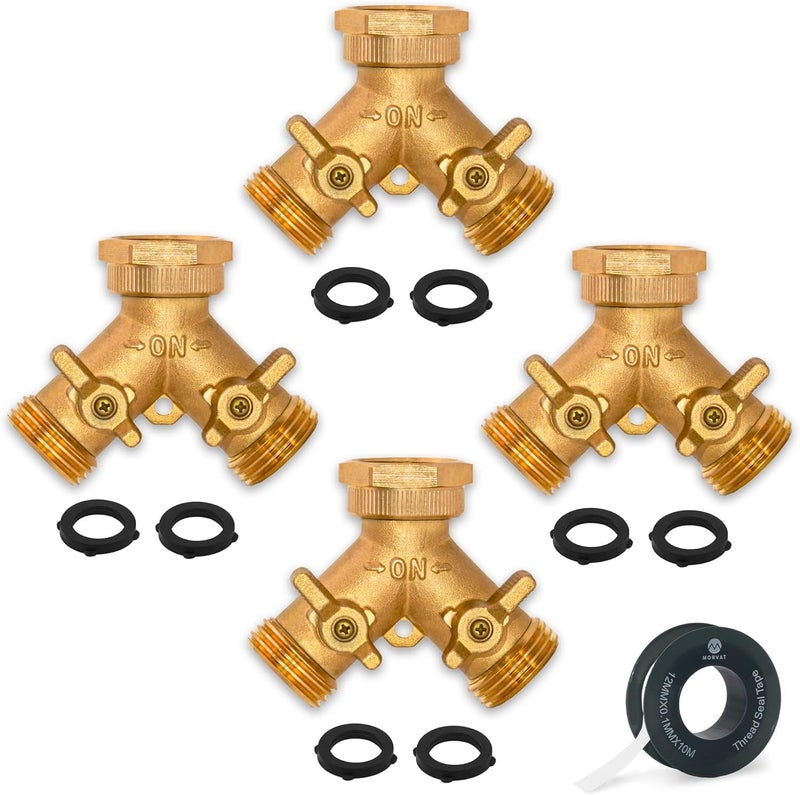 Morvat Brass 2-Way Y Splitter LEAD-FREE, Heavy-Duty Garden Hose Manifold Connector with Improved Comfort Grip ON/OFF Valves, Adapter for Water Faucet & Spigot, Extra 12 Washers, Teflon Tape (4-Pack) - Image 1
