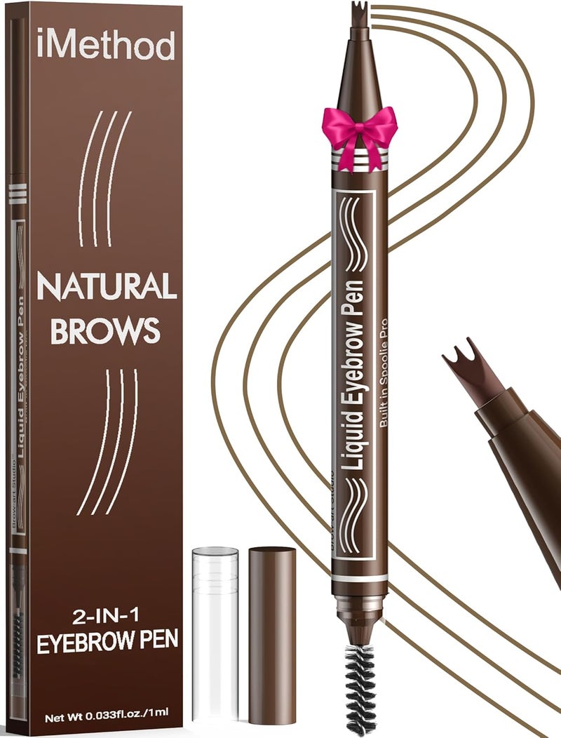 iMethod Microblading Eyebrow Pen - Eyebrow Pencil 2-in-1 Dual-Ended Eye Brow Pencils for Women with 3-Fork-Tip Applicator and Spoolie Brush Create Natural Hair-Like Defined Brows, Last All-Day, Brown