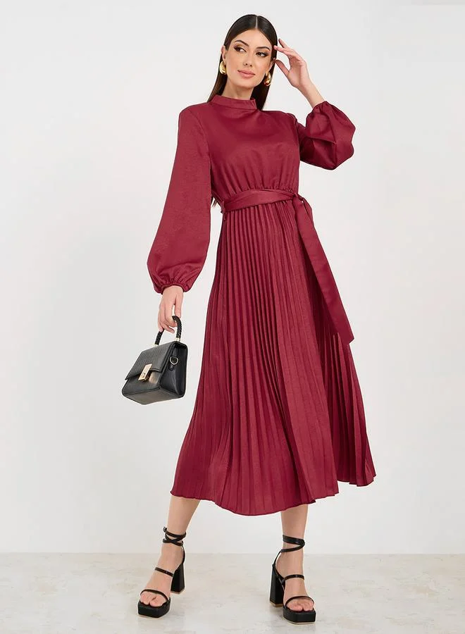 Styli High Neck Pleated A-Line Midi Dress