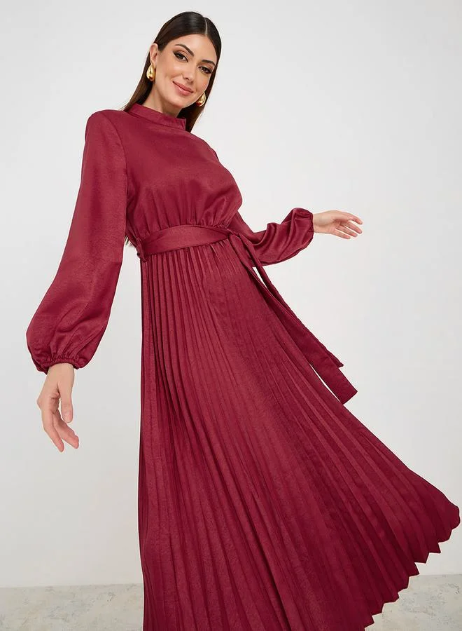 Styli High Neck Pleated A-Line Midi Dress