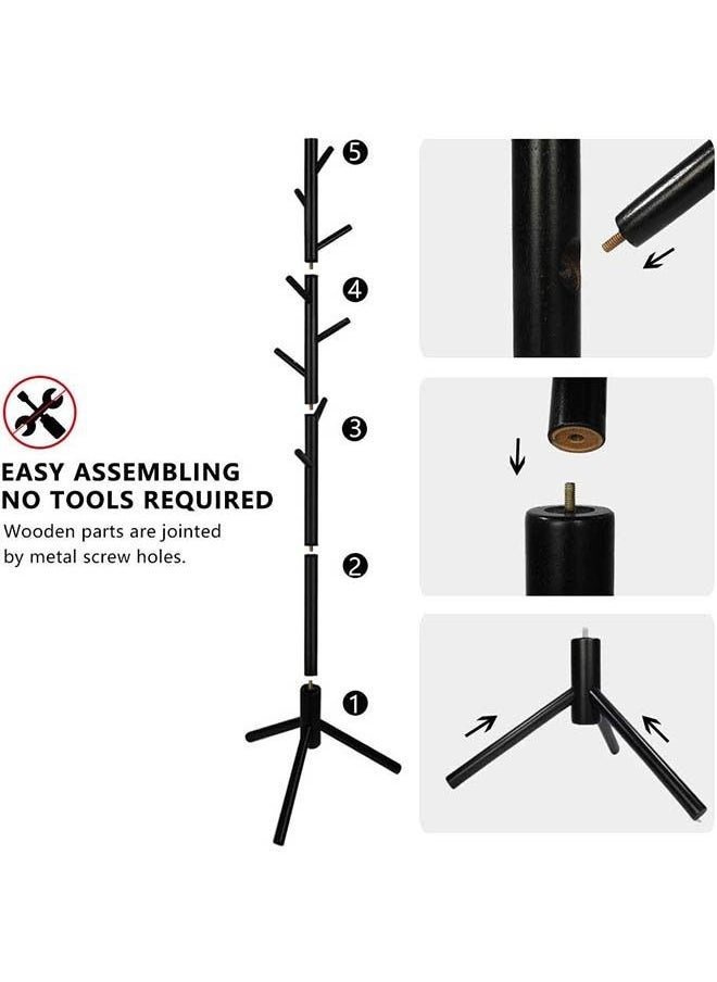 Arabest - Wooden tree shaped clothes hanger bracket, 3 adjustable sizes, 8 hooks Free standing solid clothes hanger bracket for clothes, suits and accessories (black) - Image 1