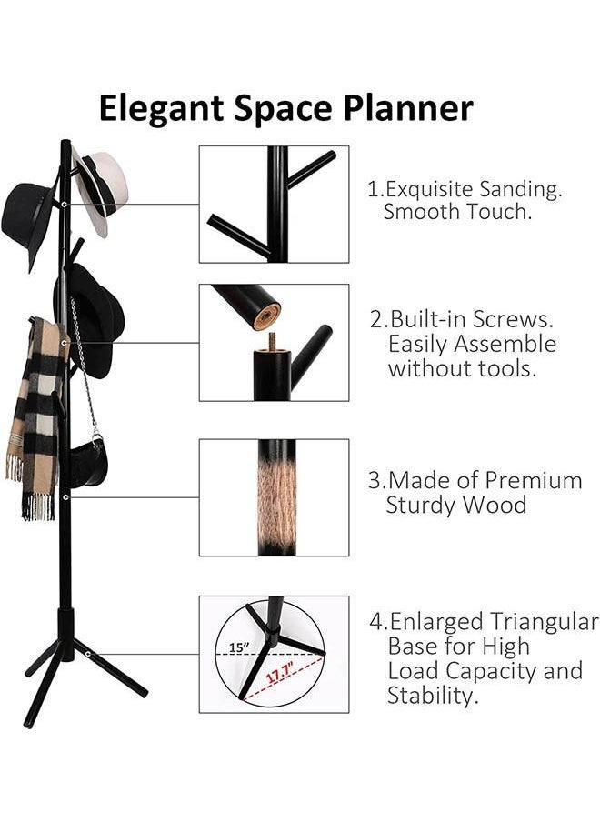 Arabest - Wooden tree shaped clothes hanger bracket, 3 adjustable sizes, 8 hooks Free standing solid clothes hanger bracket for clothes, suits and accessories (black) - Image 1