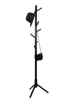 Wooden tree shaped clothes hanger bracket, 3 adjustable sizes, 8 hooks Free standing solid clothes hanger bracket for clothes, suits and accessories (black)