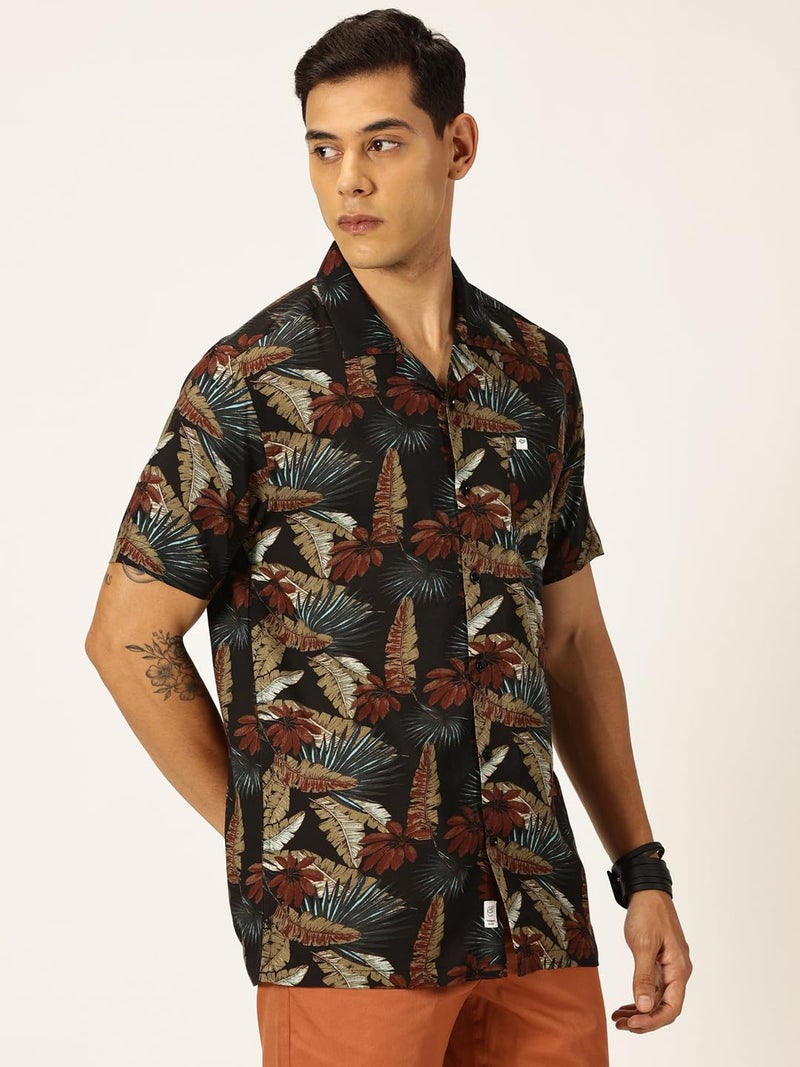 Thomas Scott Men Cotton Rayon Half Sleeves Cuban Collar Printed Casual Shirt (Black, M) - Image 3