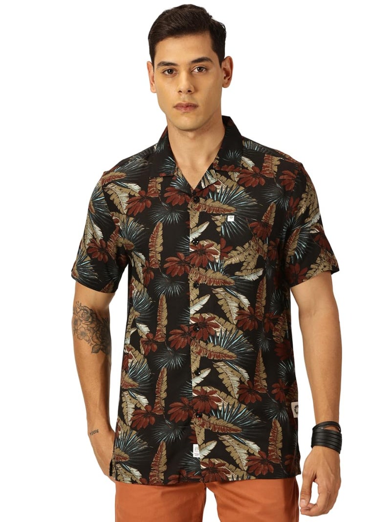 Thomas Scott Men Cotton Rayon Half Sleeves Cuban Collar Printed Casual Shirt (Black, M) - Image 1