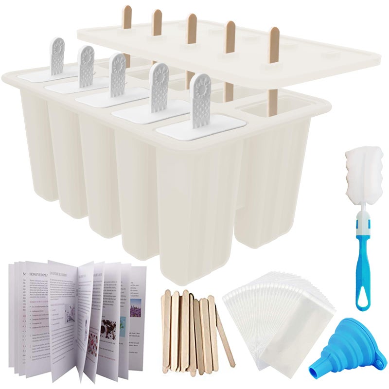 Miaowoof Homemade Popsicle Molds 10Cav NonBPA Silicone Ice Pop Maker with 50 Sticks 50 Bags 10 Reusable Sticks Funnel Brush and Ice Pop Recipe White