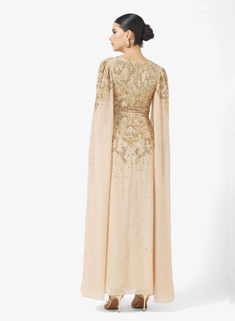 اميليا روز V-Neck Cape Sleeve Embellished Maxi Dress