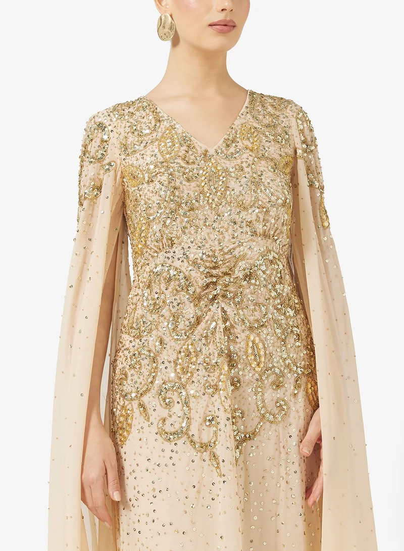 اميليا روز V-Neck Cape Sleeve Embellished Maxi Dress