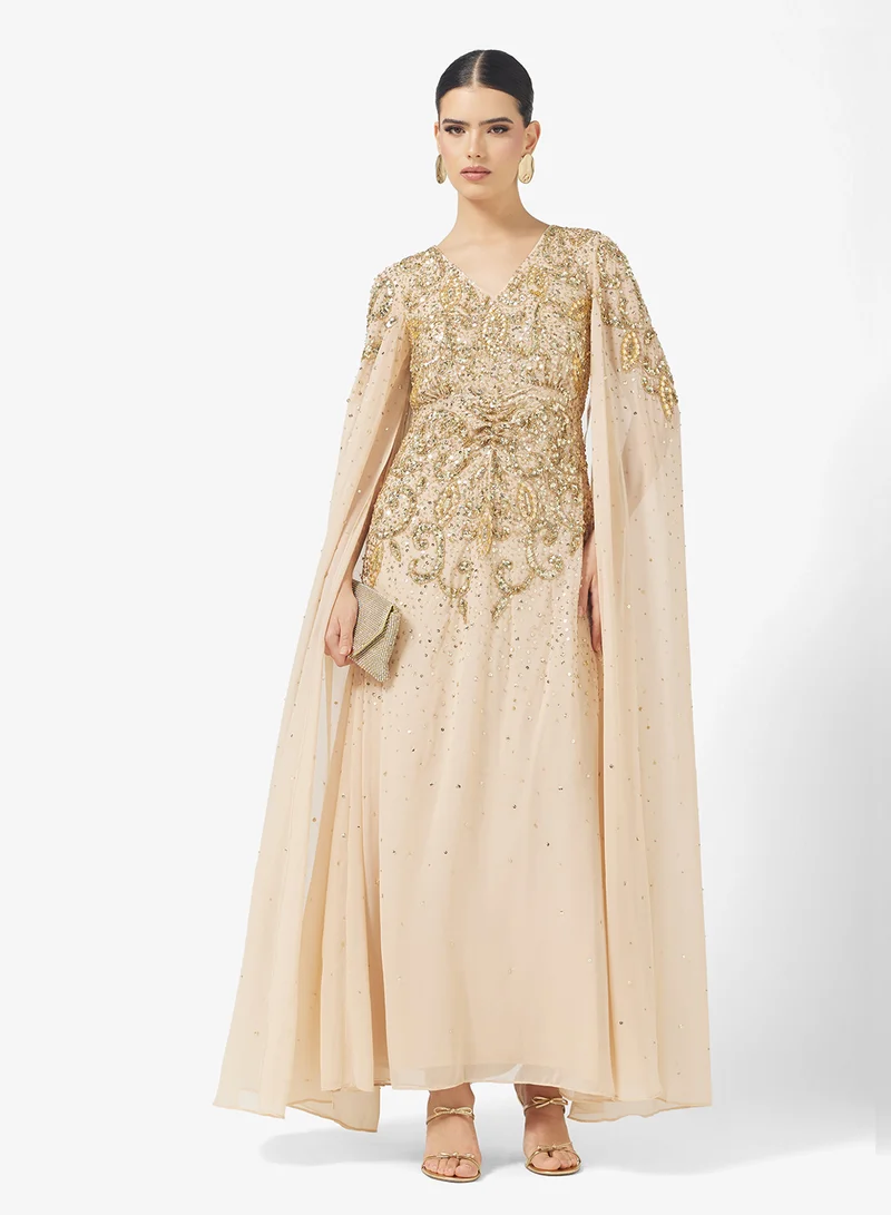 اميليا روز V-Neck Cape Sleeve Embellished Maxi Dress