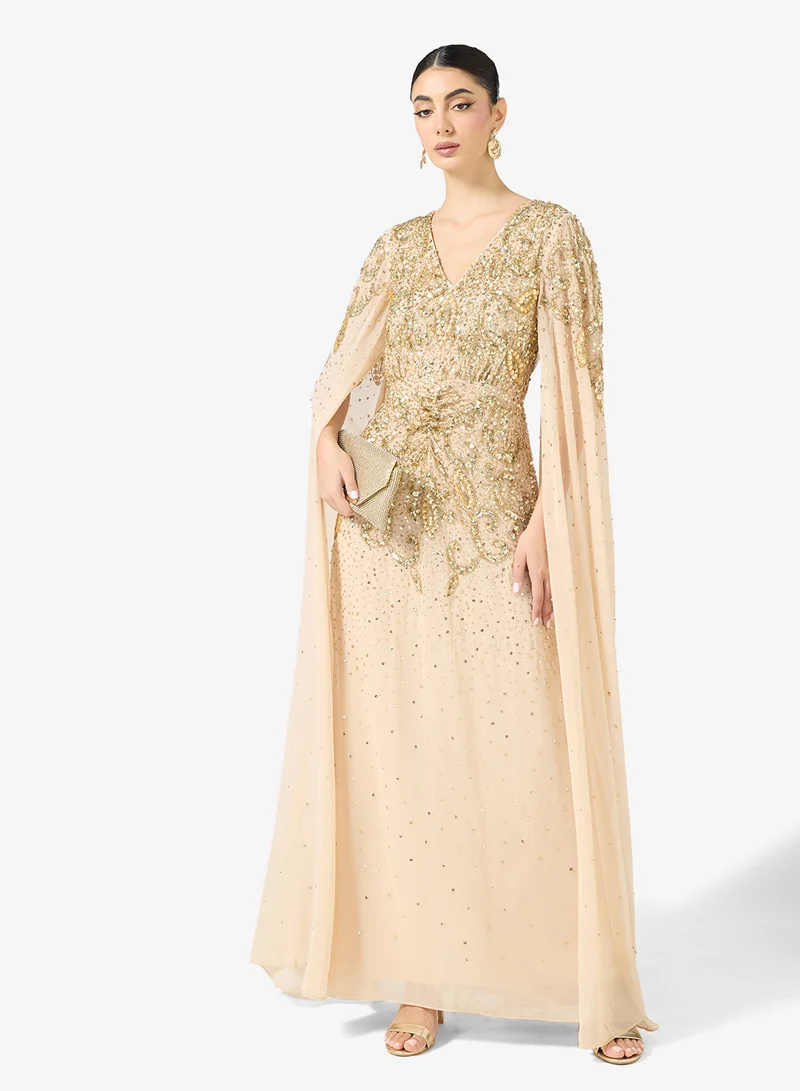 V-Neck Cape Sleeve Embellished Maxi Dress