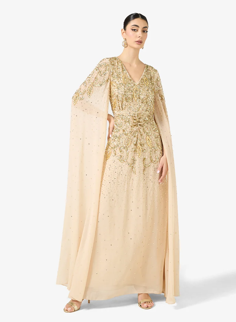 Amelia Rose V-Neck Cape Sleeve Embellished Maxi Dress