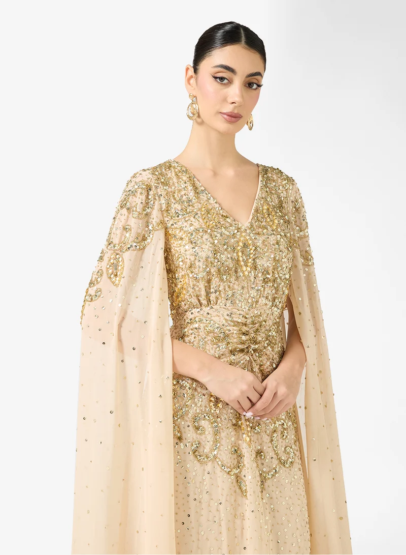 Amelia Rose V-Neck Cape Sleeve Embellished Maxi Dress